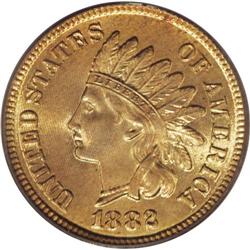 1882 1C MS66 Red PCGS. Vivid chartreuse-gold toning il 