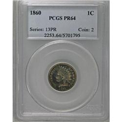 1860 1C PR64 PCGS. Reflective and appealing with coppe 