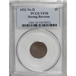 1922 No D 1C Strong Reverse VF30 PCGS. FS-013.2. Die P 