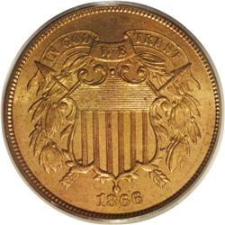 1866 2C MS66 Red PCGS. A lustrous peach-gold Premium G 