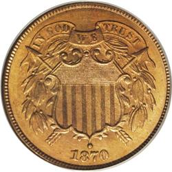 1870 2C MS64 Red PCGS. Nearly 20 million two cent piec 