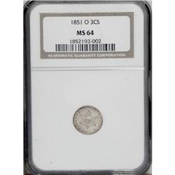 1851-O 3CS MS64 NGC. Typically struck with subtly lust 
