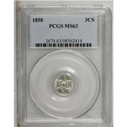 1858 3CS MS63 PCGS. This Select example is softly lust 