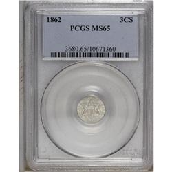 1862 3CS MS65 PCGS. Faint gold and silver-blue toning 