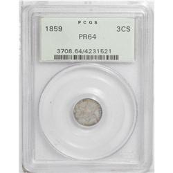 1859 3CS PR64 PCGS. Olive-gold and fuchsia toning cove 