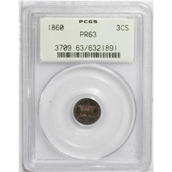 1860 3CS PR63 PCGS. Intermingled gold, blue, and sea-g 