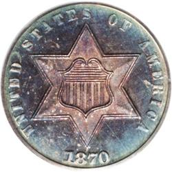 1870 3CS PR66 Cameo PCGS. The magenta centers cede to 