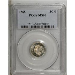 1865 3CN MS66 PCGS. Highly lustrous with a touch of gr 