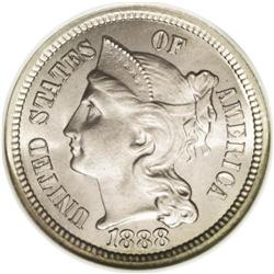 1888 3CN MS67 NGC. Delicate olive-gold patina illumina 