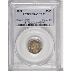 1876 3CN PR65 Cameo PCGS. Delicate greenish-gold patin 