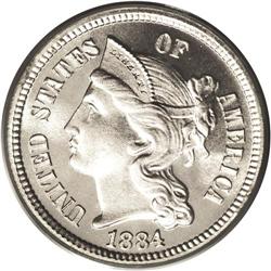 1884 3CN PR67 Cameo PCGS. A sharply struck and highly 