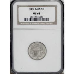 1867 5C Rays MS65 NGC. A low mintage of 2,019,000 piec 