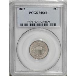1872 5C MS66 PCGS. Dappled honey and pearl-gray toning 