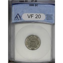 1880 5C VF20 ANACS. A moderately worn silver-gray exam 