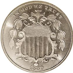 1880 5C PR67 NGC. The 1880 proof Shield nickel is quit 