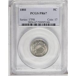 1881 5C PR67 PCGS. Light honey-gold and ice-blue tonin 