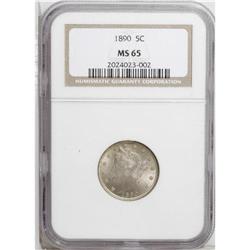 1890 5C MS65 NGC. Sharply struck over the obverse cent 