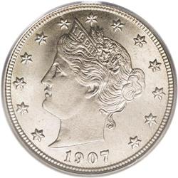 1907 5C MS66 PCGS. A die lump thickens the upper serif 