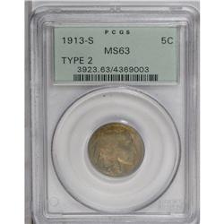 1913-S 5C Type Two MS63 PCGS. The low mintage of this 