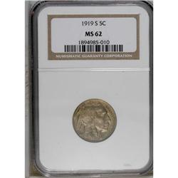 1919-S 5C MS62 NGC. A lustrous piece with golden-brown 