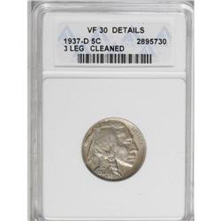 1937-D 5C Three-Legged--Cleaned--ANACS. VF30 Details. 