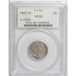 1937-D 5C Three-Legged VF30 PCGS. Varied hues of gray 