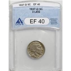 1937-D 5C Three-Legged XF40 ANACS. A lightly worn gray 