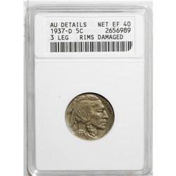 1937-D 5C Three-Legged--Rims Damaged--ANACS. AU Detail 
