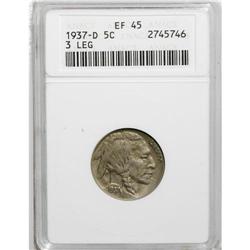1937-D 5C Three-Legged XF45 ANACS. Heavy olive and gol 