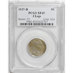 1937-D 5C Three-Legged XF45 PCGS. A lightly worn Choic 