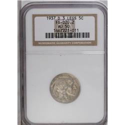 1937-D 5C Three-Legged AU50 NGC. FS-020.2. Dashes of a 