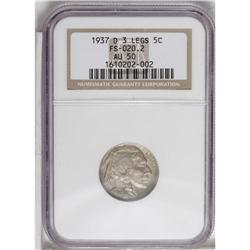 1937-D 5C Three-Legged AU50 NGC. FS-020.2. Slate-gray 