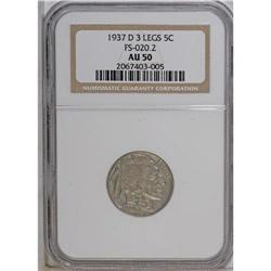 1937-D 5C Three-Legged AU50 NGC. FS-020.2. A classic e 