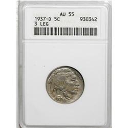 1937-D 5C Three-Legged AU55 ANACS. The still-lustrous 
