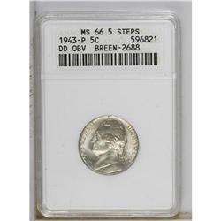 1943-P 5C Doubled Eye MS66 Full Steps ANACS. FS-029, B 