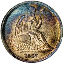 1837 10C No Stars, Small Date MS64 NGC. Rich iridescen 