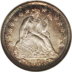 1853 10C Arrows MS67 NGC. Golden-brown, cobalt-blue, a 