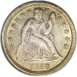 1858 10C MS65 PCGS. A scarce date in XF or better cond 