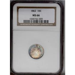 1862 10C MS66 NGC. Cornflower, plum, and gold patina f 