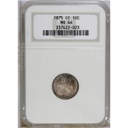 1875-CC 10C Mintmark Above Bow MS64 NGC. Heavy violet- 