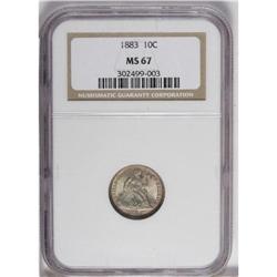 1883 10C MS67 NGC. Rose-red fills the wreath and obver 
