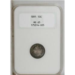1891 10C MS65 NGC. Pleasing luster peeks through mediu 