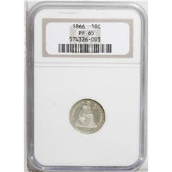 1866 10C PR65 NGC. Hazy patina covers the moderate mir 