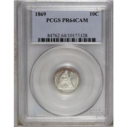 1869 10C PR64 Cameo PCGS. Deeply reflective and delica 