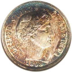 1893 10C PR67 NGC. Electric-blue and golden-brown hues 