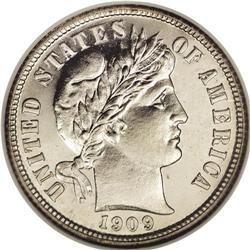 1909 10C PR67 NGC. The obverse is silver-white, while 