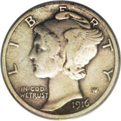 1916-D 10C VF25 PCGS. Like Barber coins from preceding 