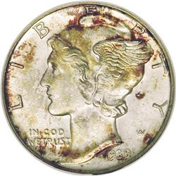 1939-D 10C MS68 Full Bands NGC. Ruby-red, gold, and ap 