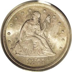 1875-S 20C MS65 PCGS. Excellent luster emanates from t 