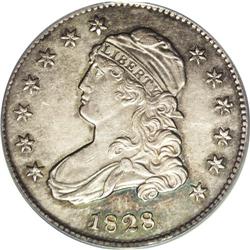 1828 25C AU58 ANACS. B-1, R.1. Ocean-blue, gold, cream 